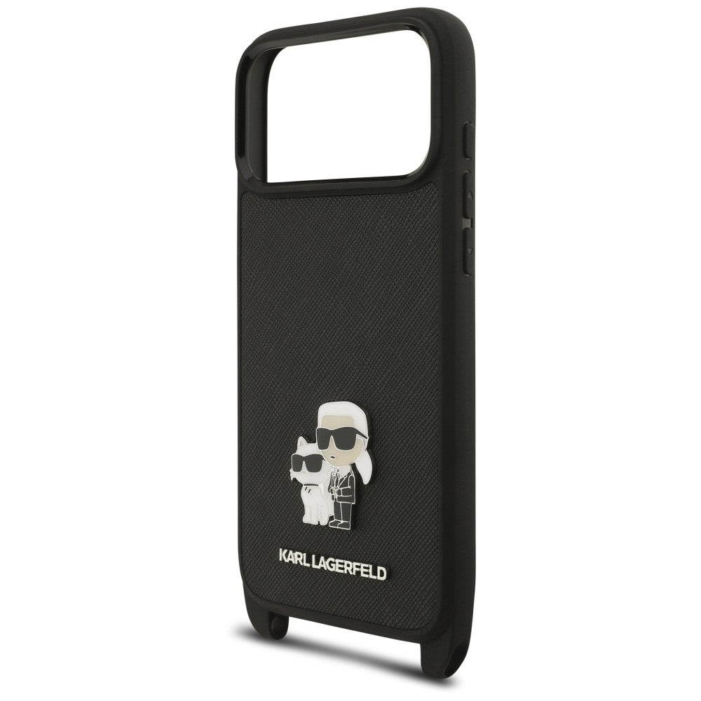 Hoesje voor Apple iPhone 18 Pro Max / 17 Pro Max, Karl Lagerfeld, Saffiano Crossbody Metal Pin Karl & Choupette, zwart