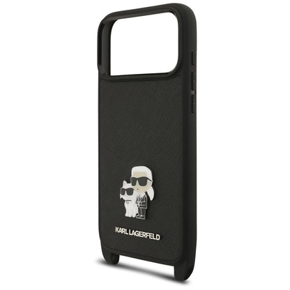 Hoesje voor Apple iPhone 18 Pro Max / 17 Pro Max, Karl Lagerfeld, Saffiano Crossbody Metal Pin Karl & Choupette, zwart