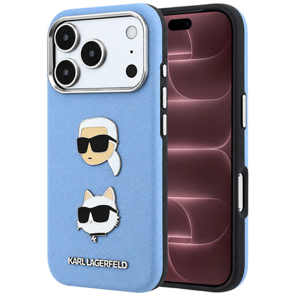 Case for Apple iPhone 18 Pro Max / 17 Pro Max, Karl Lagerfeld, Saffiano with Karl & Choupette Head's Pin and Logo, Blue
