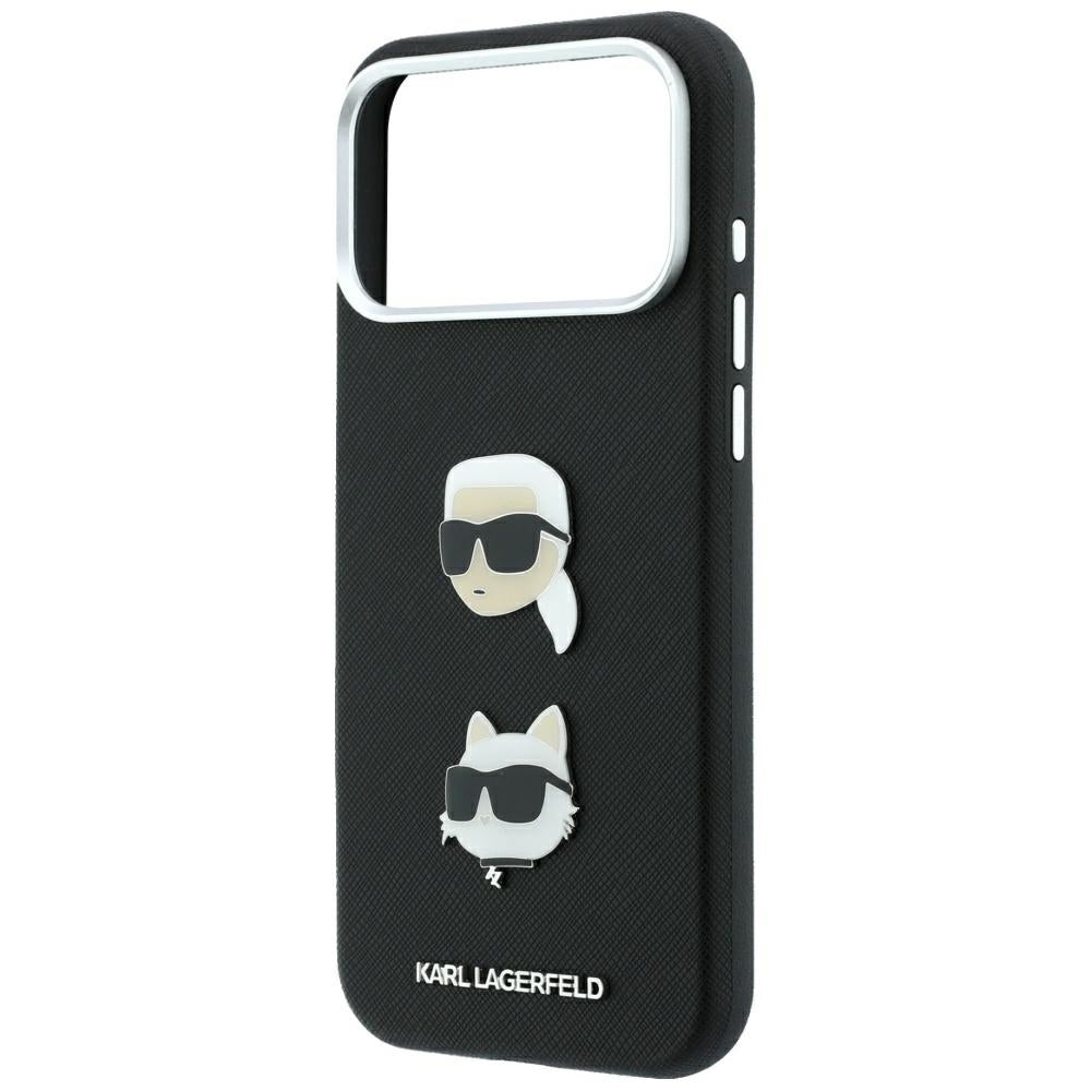 Hoes voor Apple iPhone 18 Pro Max / 17 Pro Max, Karl Lagerfeld, Saffiano met Karl & Choupette Head's Pin en Logo, Zwart