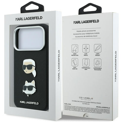 Hoes voor Apple iPhone 18 Pro Max / 17 Pro Max, Karl Lagerfeld, Saffiano met Karl & Choupette Head's Pin en Logo, Zwart