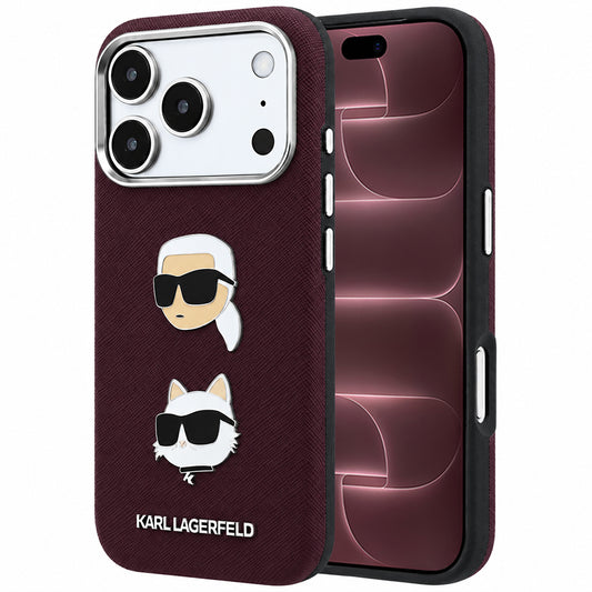 Hoes voor Apple iPhone 18 Pro Max / 17 Pro Max, Karl Lagerfeld, Saffiano met Karl & Choupette Head's Pin en Logo, Bordeauxrood
