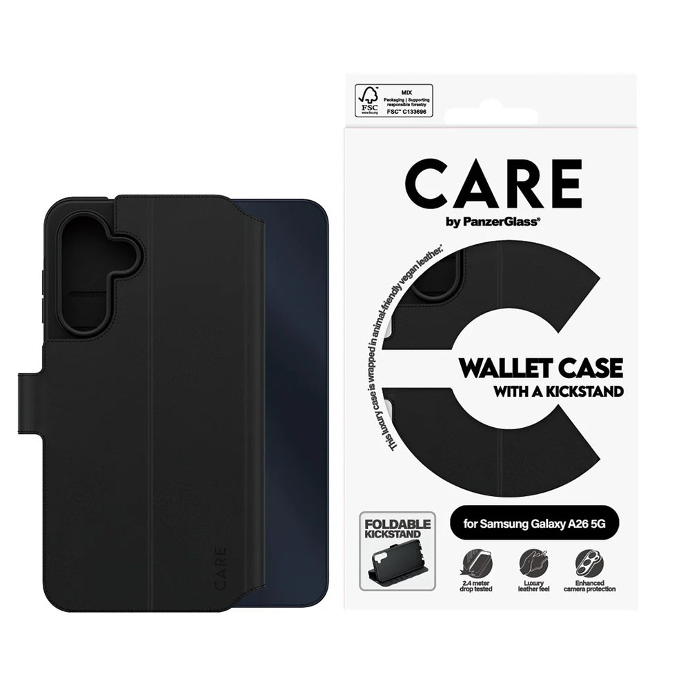 Hoes voor Samsung Galaxy A26 A266, PanzerGlass, Care Feature Kickstand Wallet, Zwart