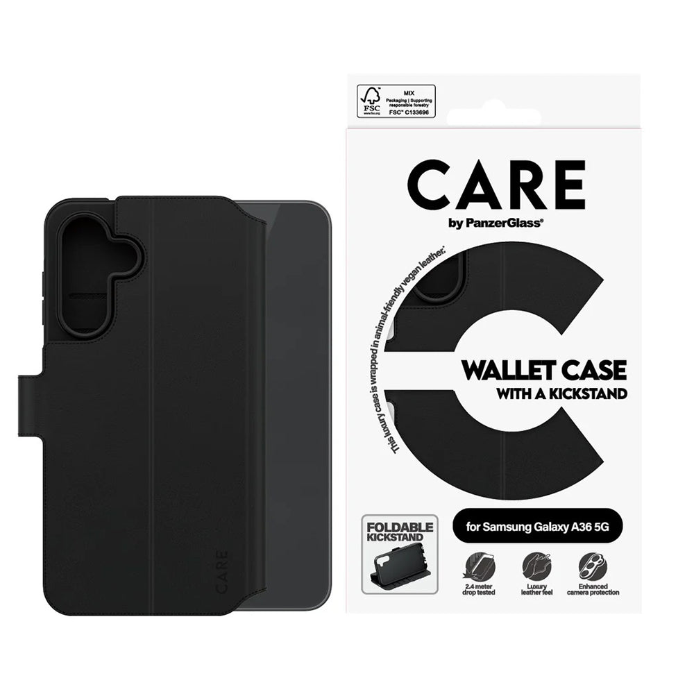 Hoes voor Samsung Galaxy A36 A366, PanzerGlass, Care Feature Kickstand Wallet, Zwart