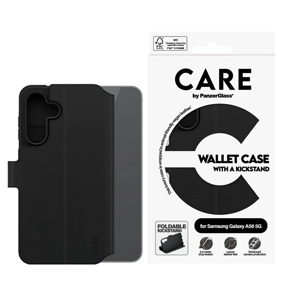 Hoes voor Samsung Galaxy A56 A566, PanzerGlass, Care Feature Kickstand Wallet, Zwart