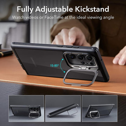 Hoes voor Samsung Galaxy S23 Ultra S918, ESR, Shock Armor Kickstand, Zwart Transparant