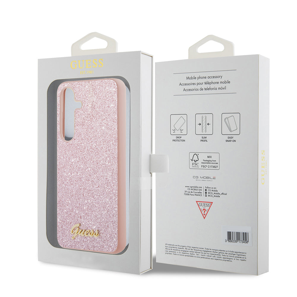 Hoes voor Samsung Galaxy S24+ S926, Guess, Glitter Script, Roze