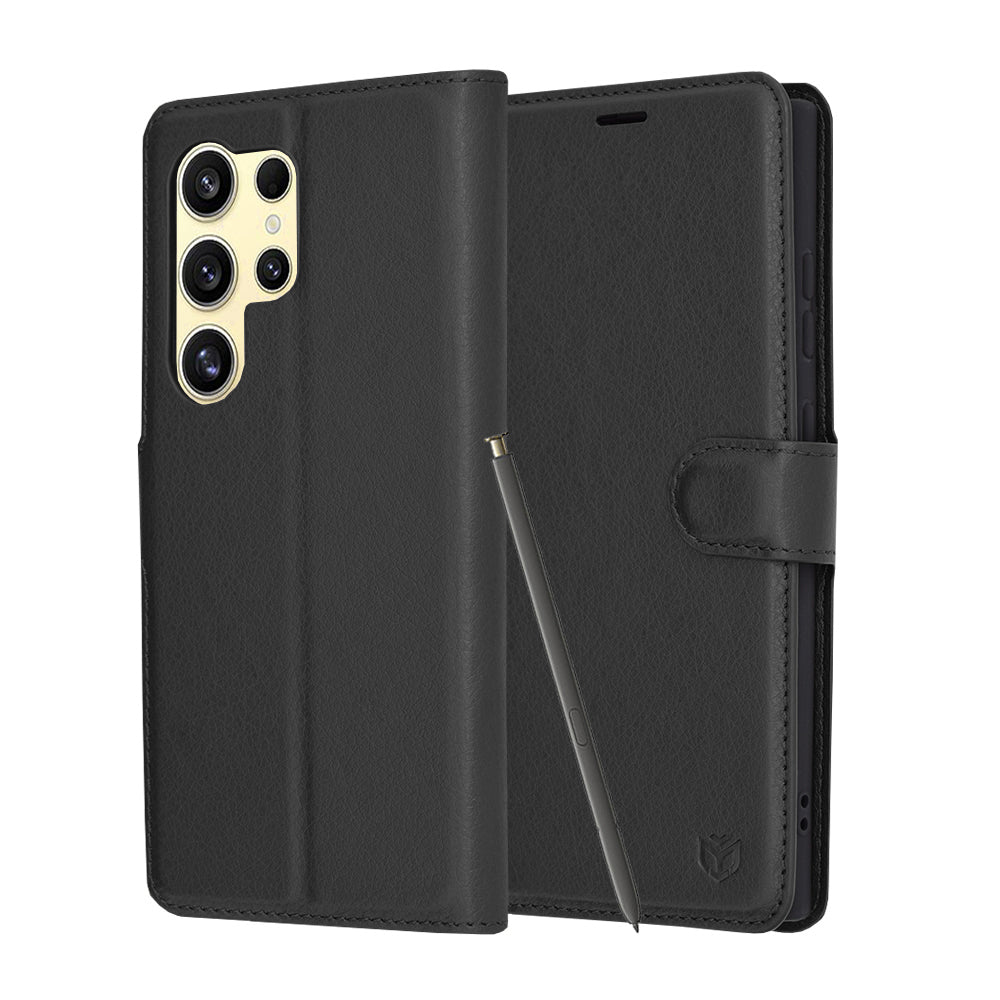 Hoes voor Samsung Galaxy S24 Ultra S928, Techsuit, Leather Folio, Zwart