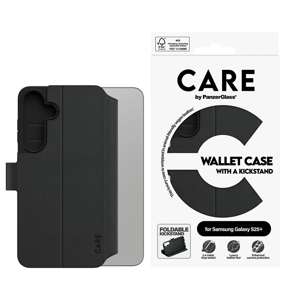Hoes voor Samsung Galaxy S25+ S936, PanzerGlass, Care Feature Kickstand Wallet, Zwart