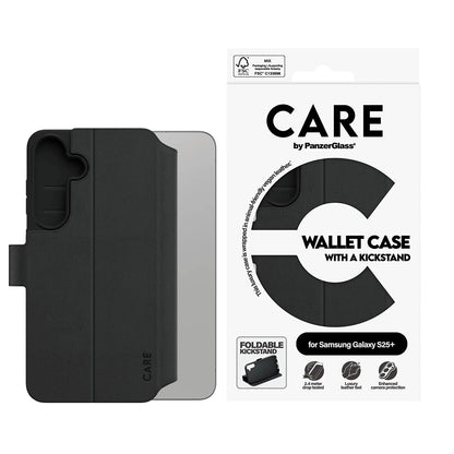 Hoes voor Samsung Galaxy S25+ S936, PanzerGlass, Care Feature Kickstand Wallet, Zwart