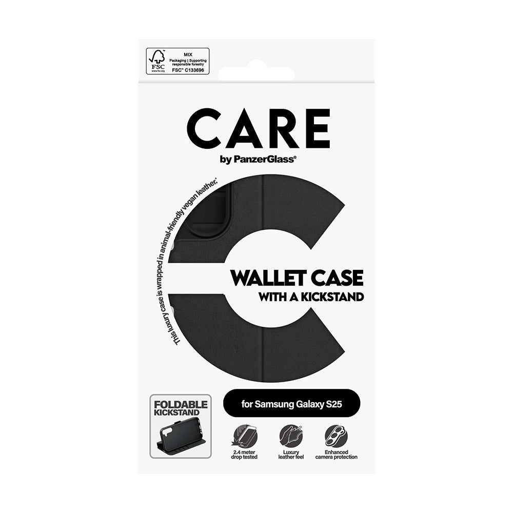 Hoes voor Samsung Galaxy S25 S931, PanzerGlass, Care Feature Kickstand Wallet, Zwart