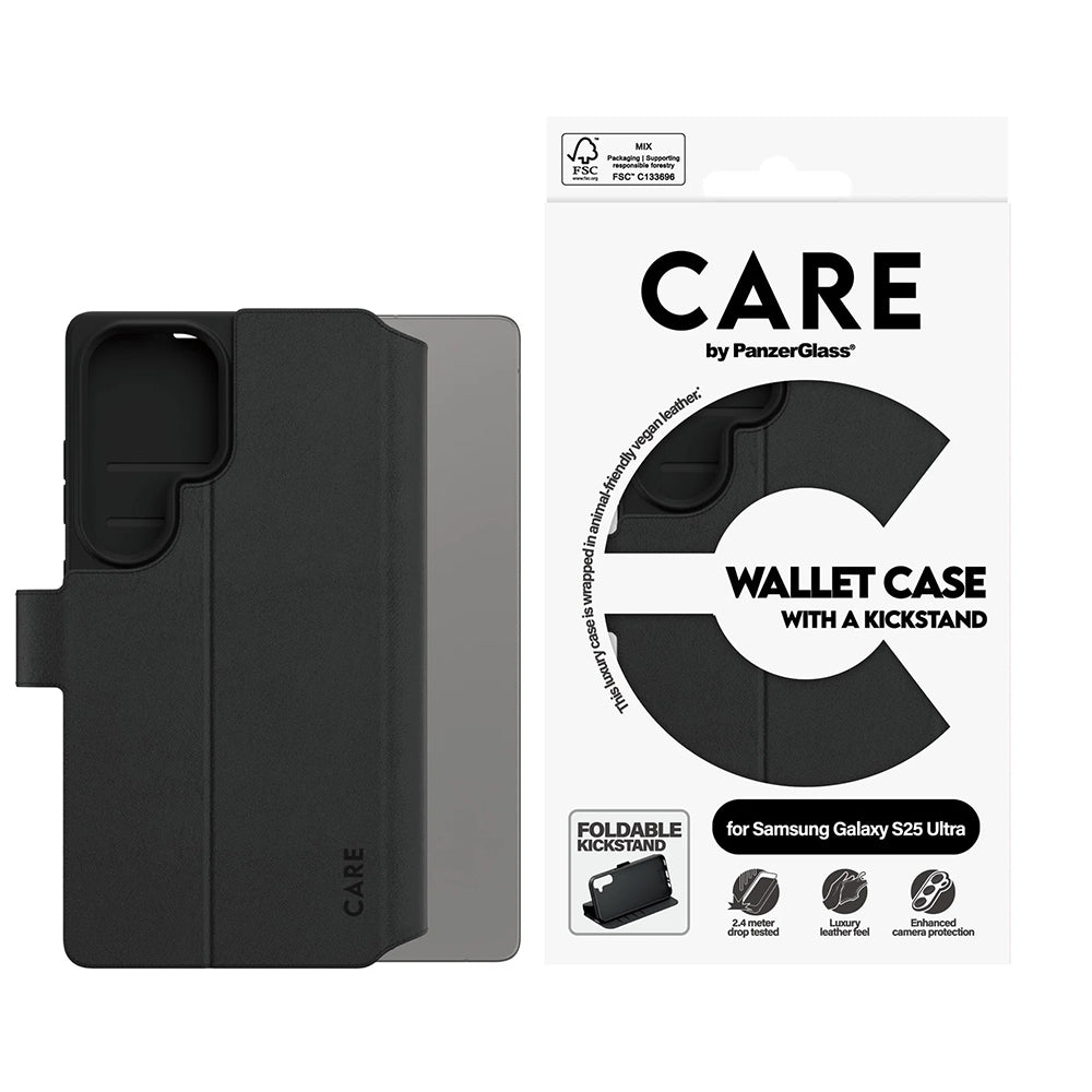 Hoes voor Samsung Galaxy S25 Ultra S938, PanzerGlass, Care Feature Kickstand Wallet, Zwart
