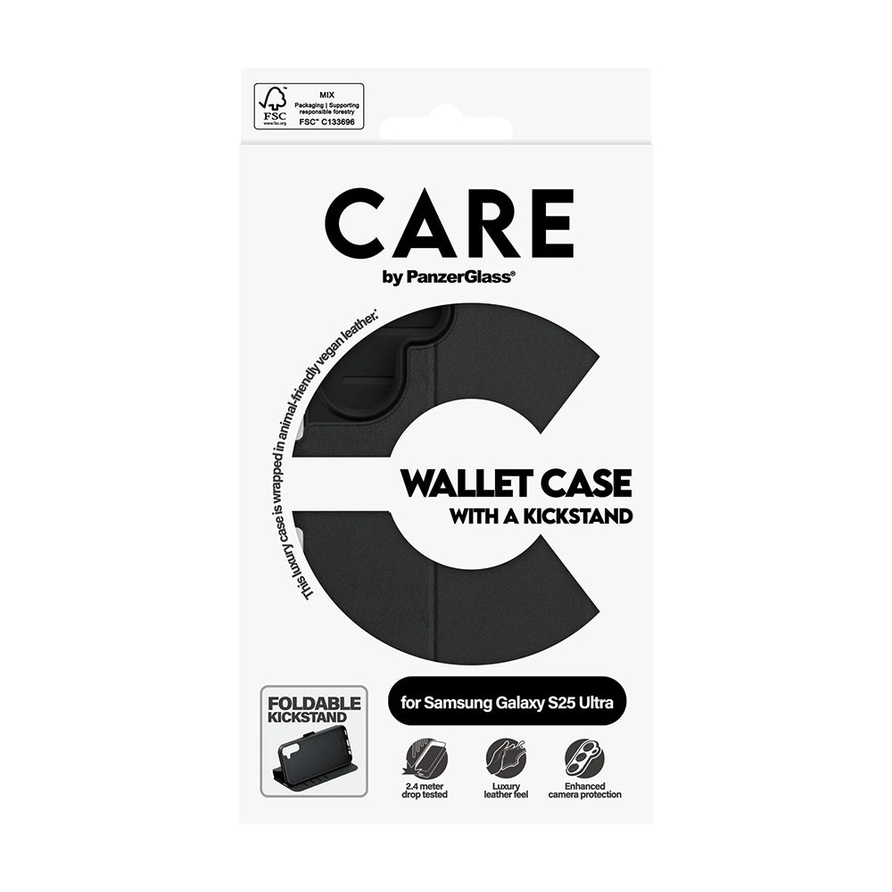 Hoes voor Samsung Galaxy S25 Ultra S938, PanzerGlass, Care Feature Kickstand Wallet, Zwart