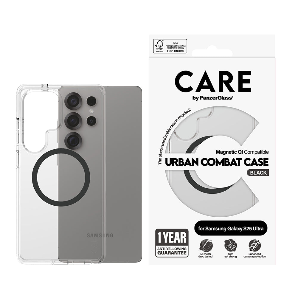 Hoes voor Samsung Galaxy S25 Ultra S938, PanzerGlass, Care Urban Combat, Zwart Transparant