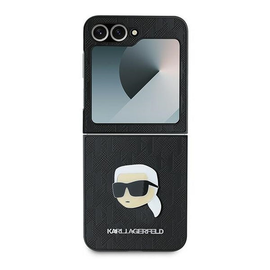 Hoes voor Samsung Galaxy Z Flip7 FE F761 / Z Flip6 F741, Karl Lagerfeld, Saffiano Monogram Karl's Head Metal, Zwart