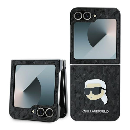 Hoes voor Samsung Galaxy Z Flip7 FE F761 / Z Flip6 F741, Karl Lagerfeld, Saffiano Monogram Karl's Head Metal, Zwart