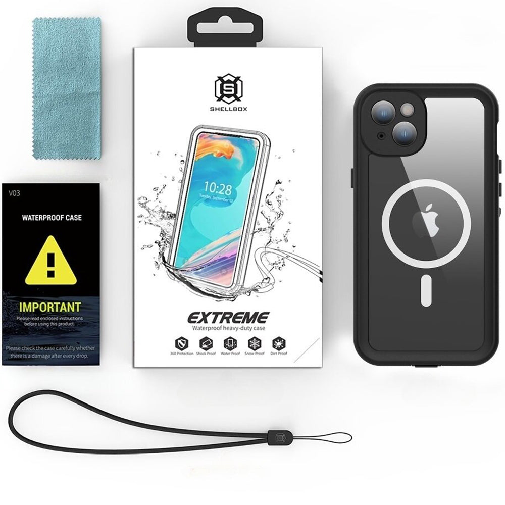 Waterproof MagSafe hoesje voor Apple iPhone 15 Plus, ShellBox, Zwart