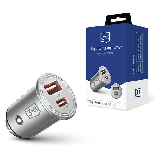 Autolader 3MK Hyper, 45W, 3A, 1 x USB-A - 1 x USB-C, Zilver 