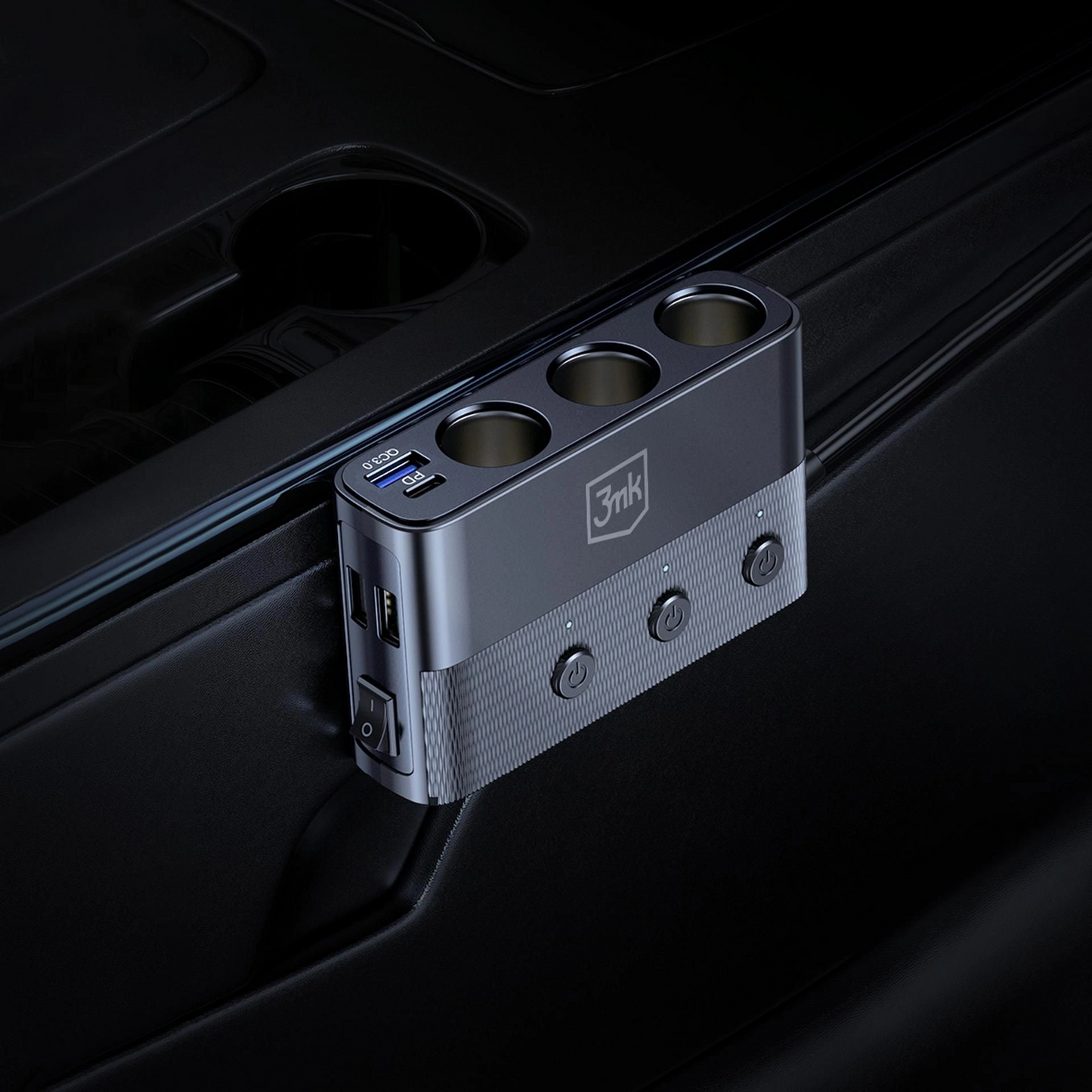 Auto Oplader 3MK Power Splitter, 120W, 3A, 3 x USB-A - 1 x USB-C - 3 x Sigarettenaansteker Extensie, Zwart