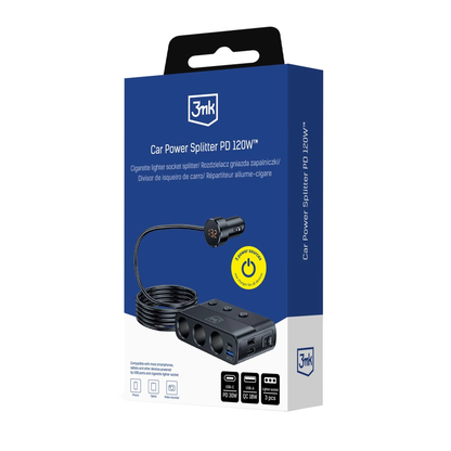 Auto Oplader 3MK Power Splitter, 120W, 3A, 3 x USB-A - 1 x USB-C - 3 x Sigarettenaansteker Extensie, Zwart