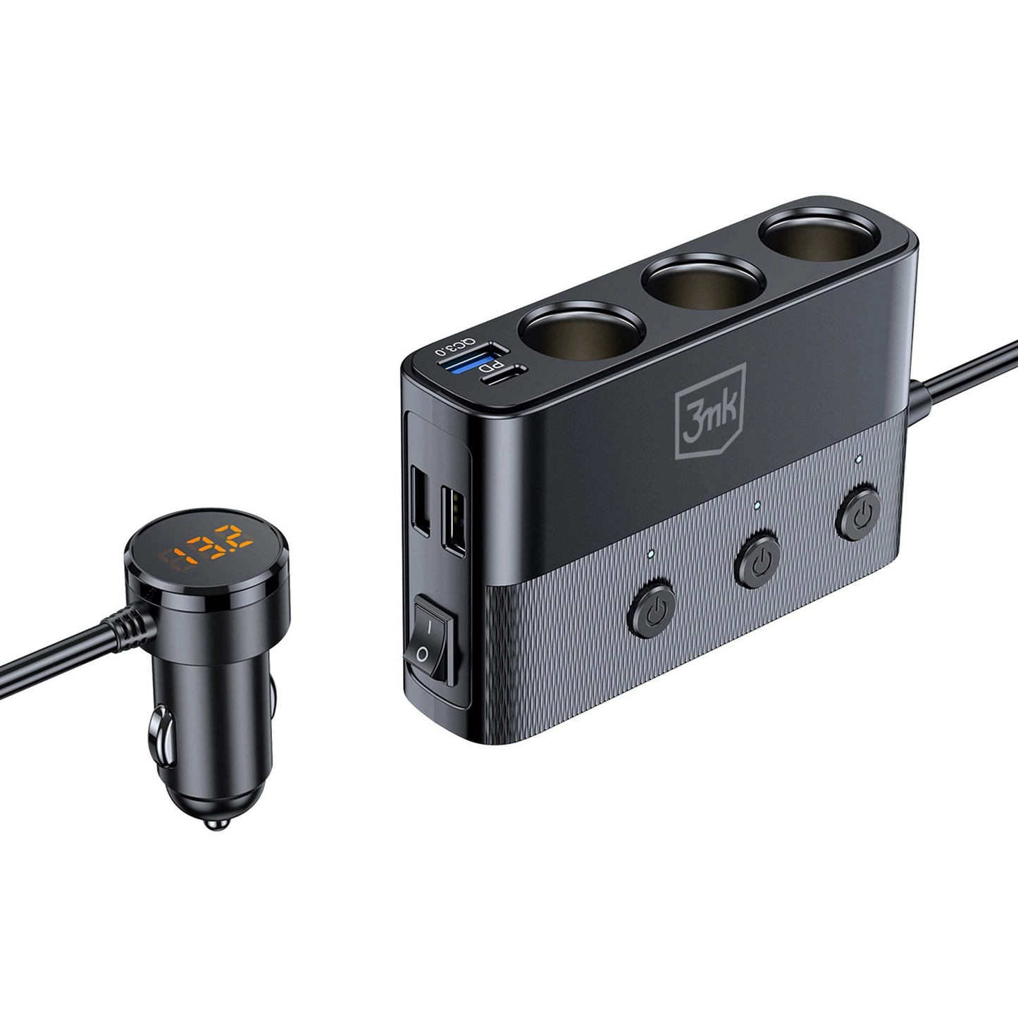 Auto Oplader 3MK Power Splitter, 120W, 3A, 3 x USB-A - 1 x USB-C - 3 x Sigarettenaansteker Extensie, Zwart