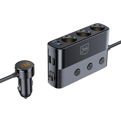 Auto Oplader 3MK Power Splitter, 120W, 3A, 3 x USB-A - 1 x USB-C - 3 x Sigarettenaansteker Extensie, Zwart