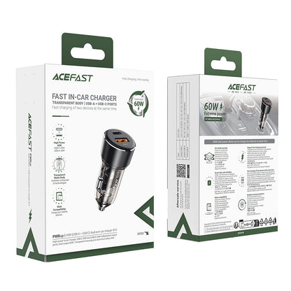Acefast B12 Car Charger, 60W, 3A, 1 x USB-A - 1 x USB-C, Black
