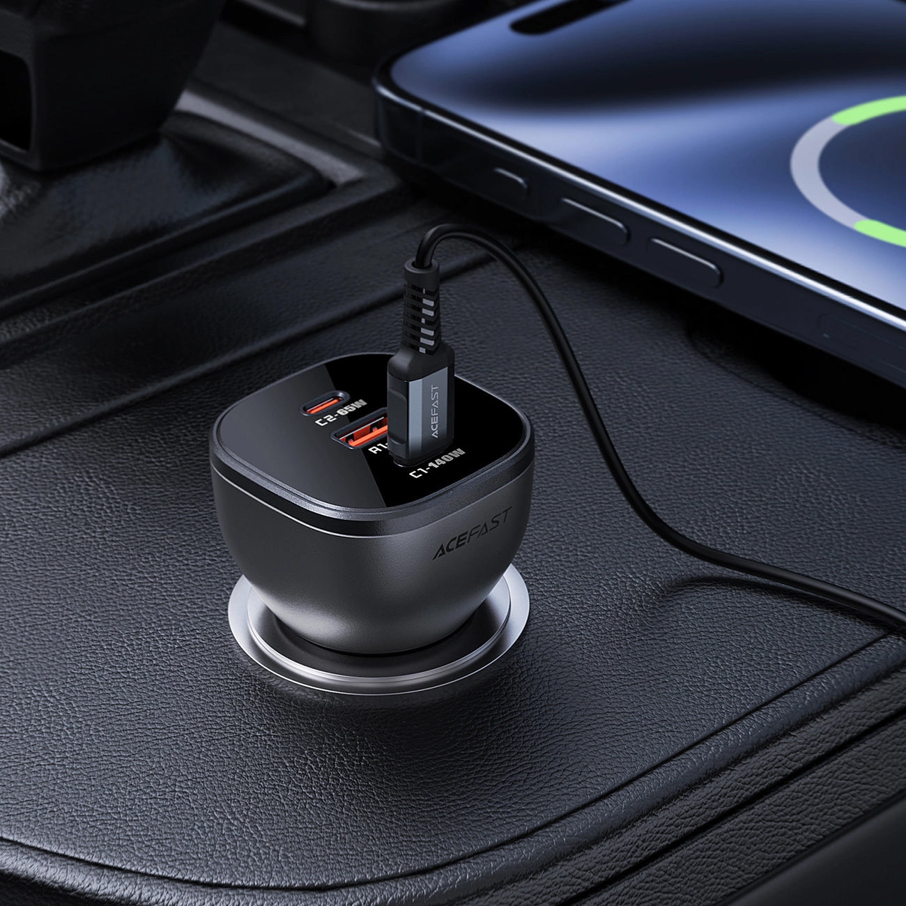 Auto-oplader Acefast B14, 165W, 5A, 1 x USB-A - 2 x USB-C, Zwart