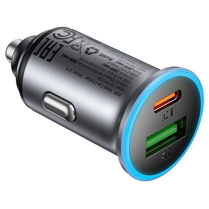 Auto-oplader Acefast B15, 65W, 3.25A, 1 X USB-A - 1 x USB-C, Grijs