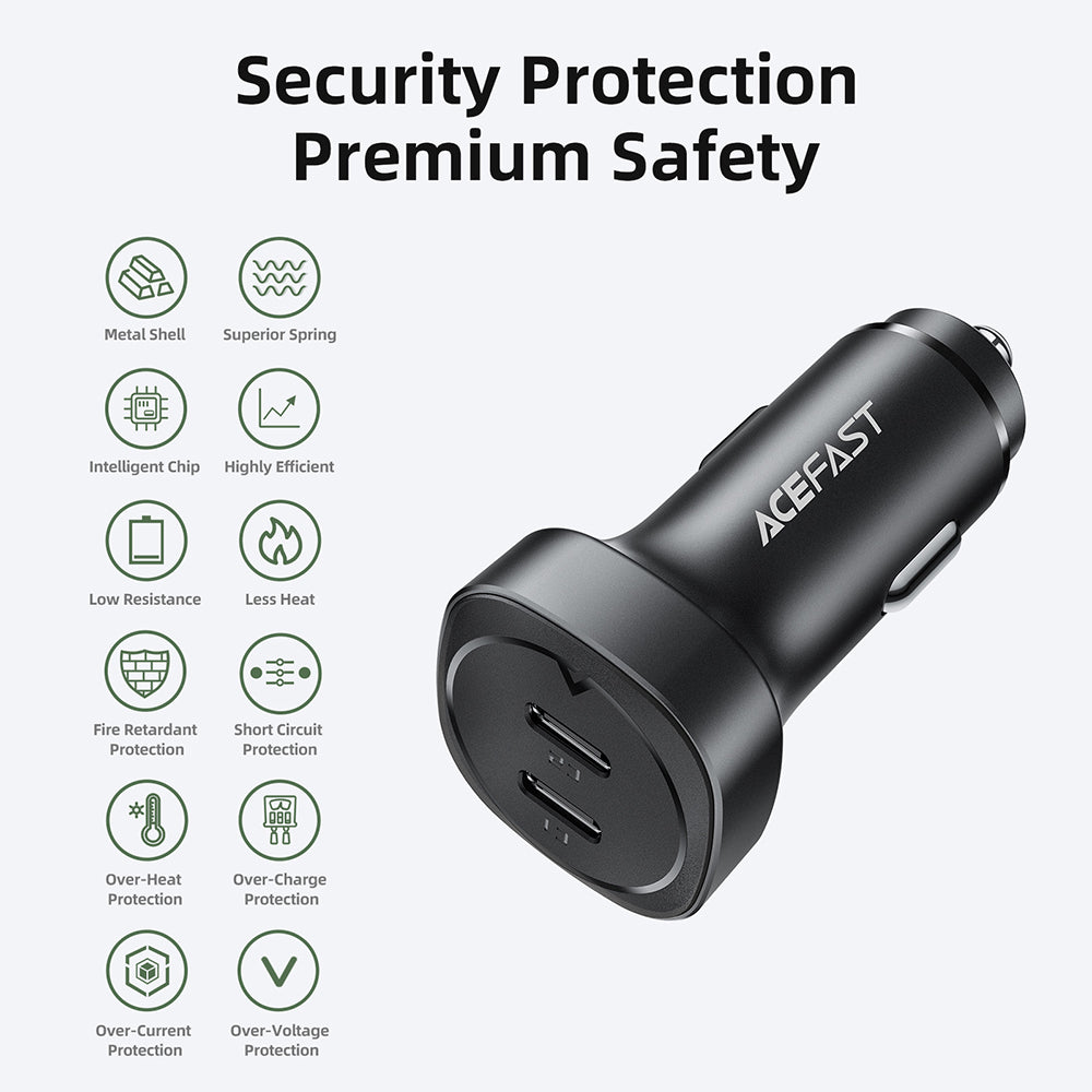 Auto Oplader Acefast B2, 72W, 3A, 2 x USB-C, Zwart