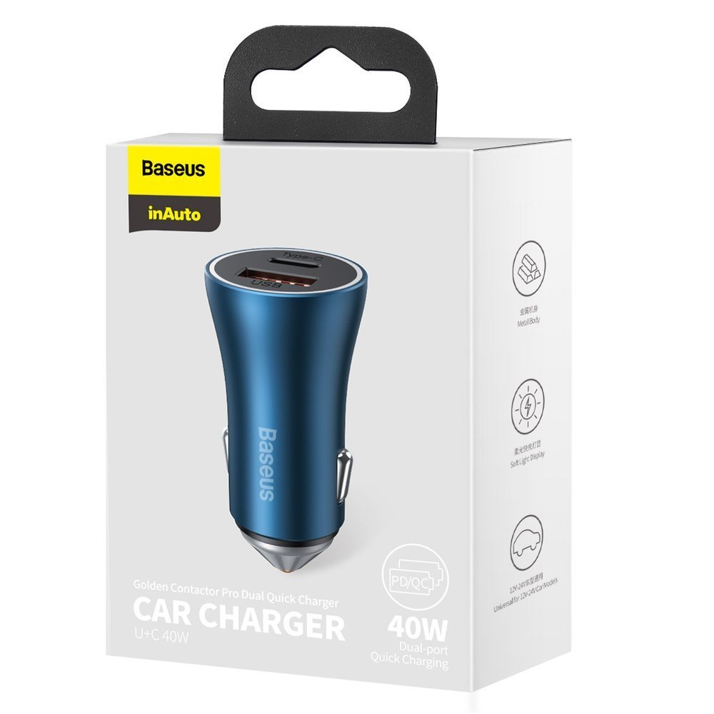 Baseus Golden Contactor Pro Car Charger, 40W, 3A, 1 x USB-A - 1 x USB-C, Navy Blue CCJD-03