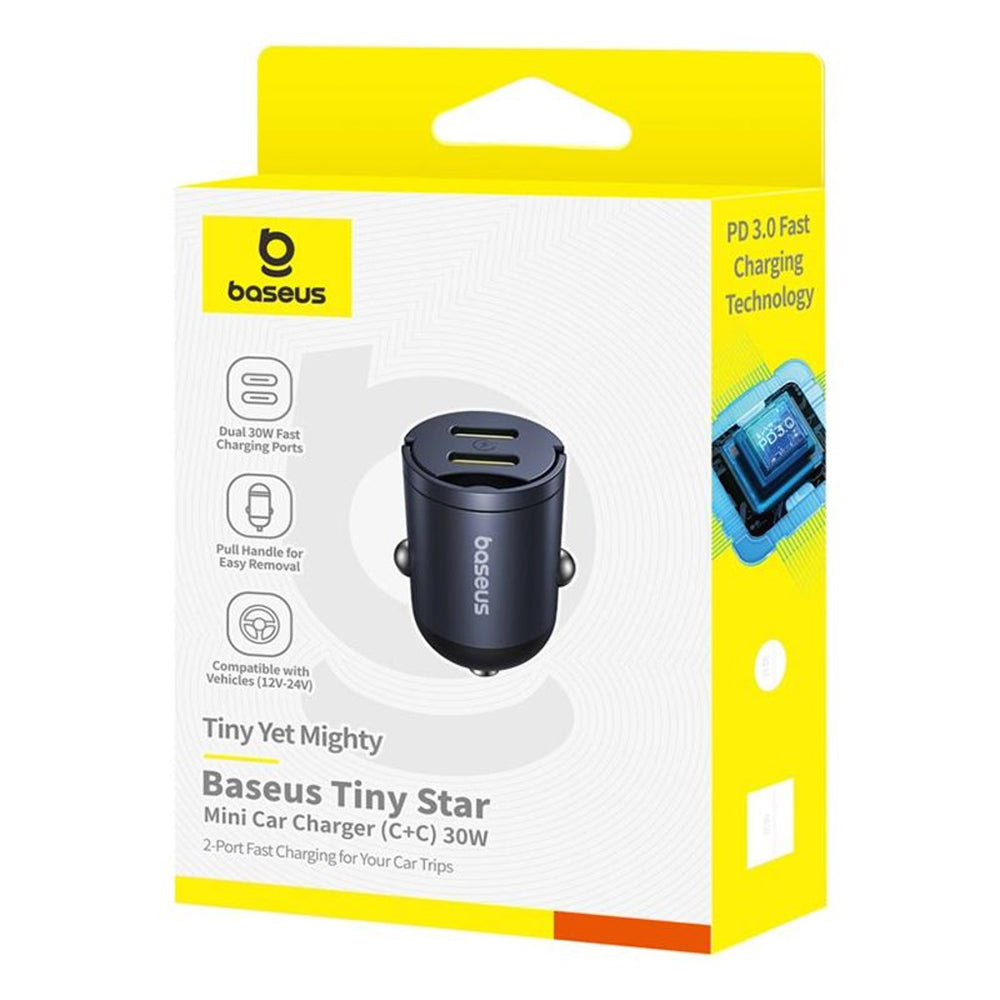 Baseus Tiny Star Auto-oplader, 30W, 3A, 2 x USB-C, Zwart C00035001121-03