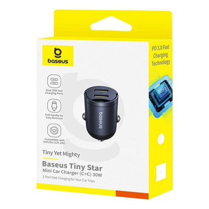 Baseus Tiny Star Auto-oplader, 30W, 3A, 2 x USB-C, Zwart C00035001121-03