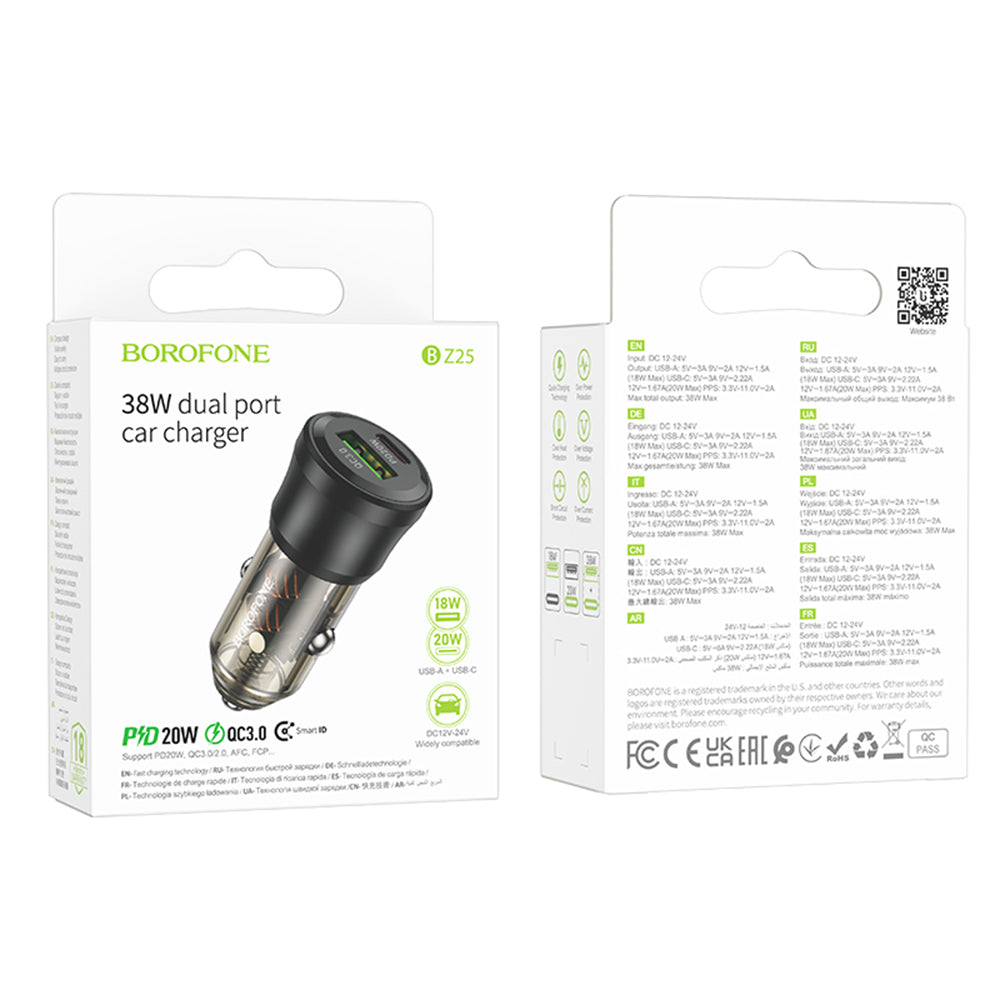 Auto-oplader Borofone BZ25 Journey, 38W, 3A, 1 x USB-A - 1 x USB-C, Zwart