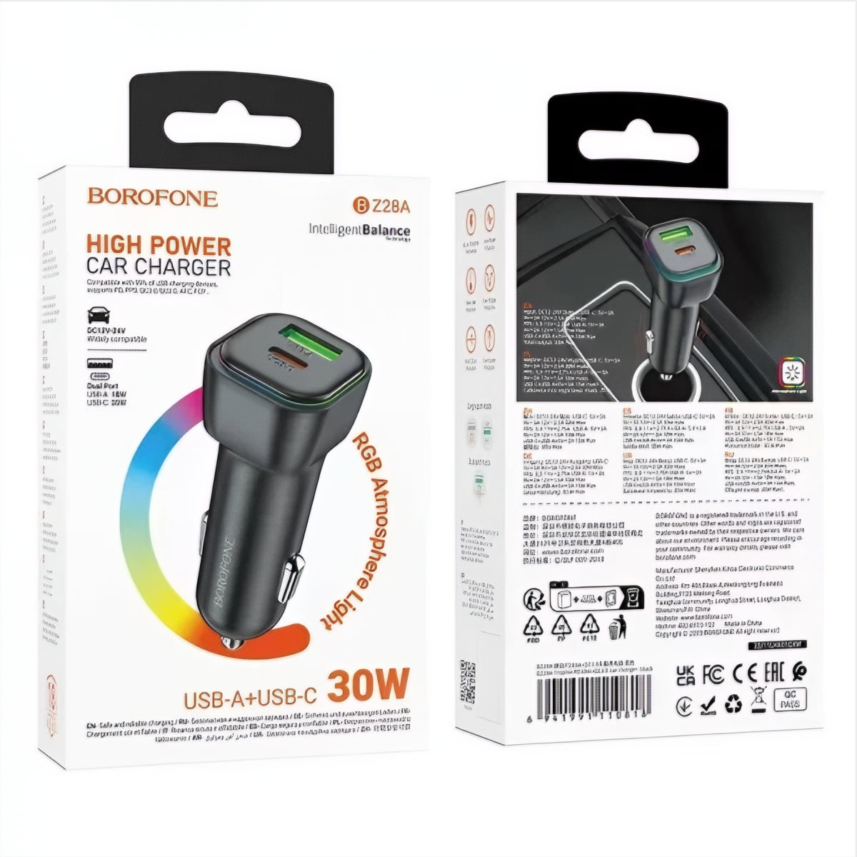 Borofone BZ28A Trophie Car Charger, 30W, 3A, 1 x USB-A - 1 x USB-C, Black
