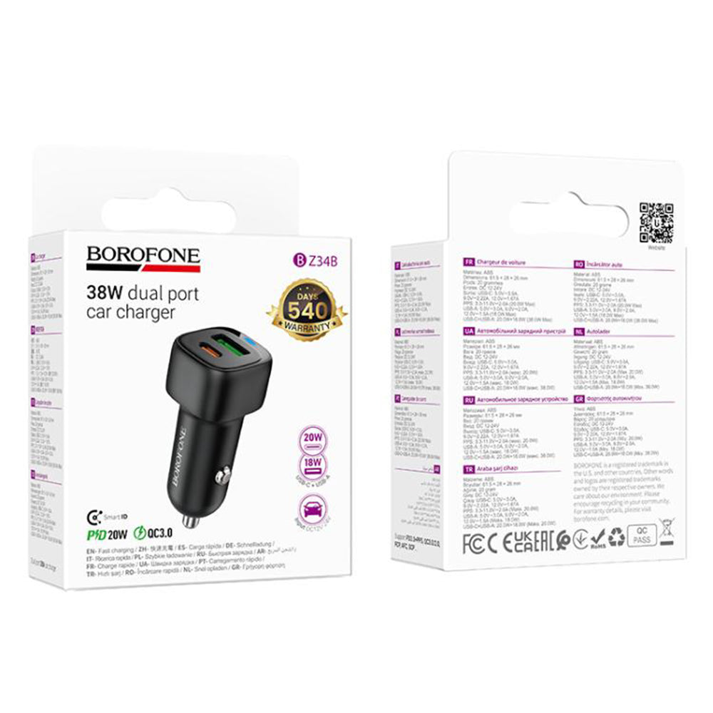 Auto-oplader Borofone BZ34B Cloud, 38W, 3A, 1 x USB-A - 1 x USB-C, Zwart