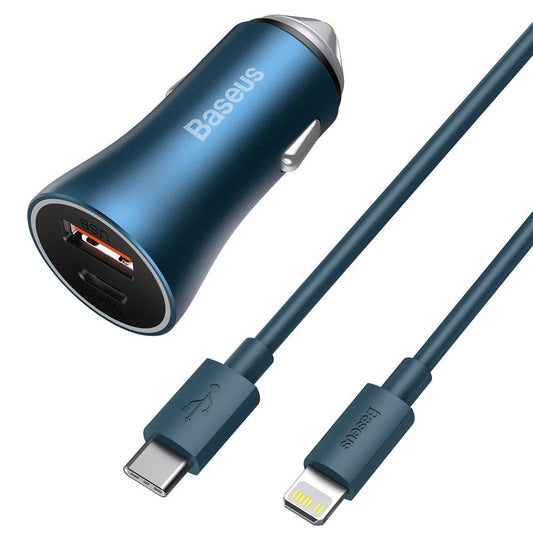 Autolader met Lightning-kabel Baseus Golden Contactor, 40W, 3A, 1 x USB-A - 1 x USB-C, Blauw TZCCJD-03