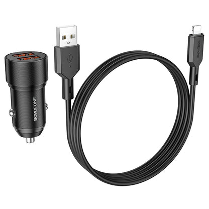 Borofone BZ19 Wisdom Car Charger With Lightning Cable, 12W, 2.4A, 2 x USB-A, Black