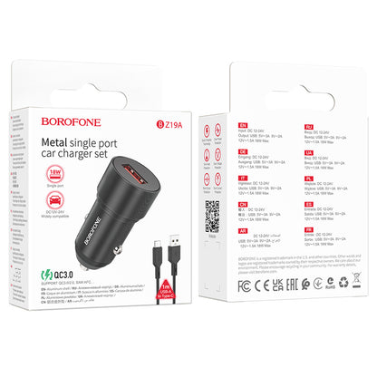 Borofone BZ19A Wisdom USB-C Car Charger, 18W, 3A, 1 x USB-A, Black