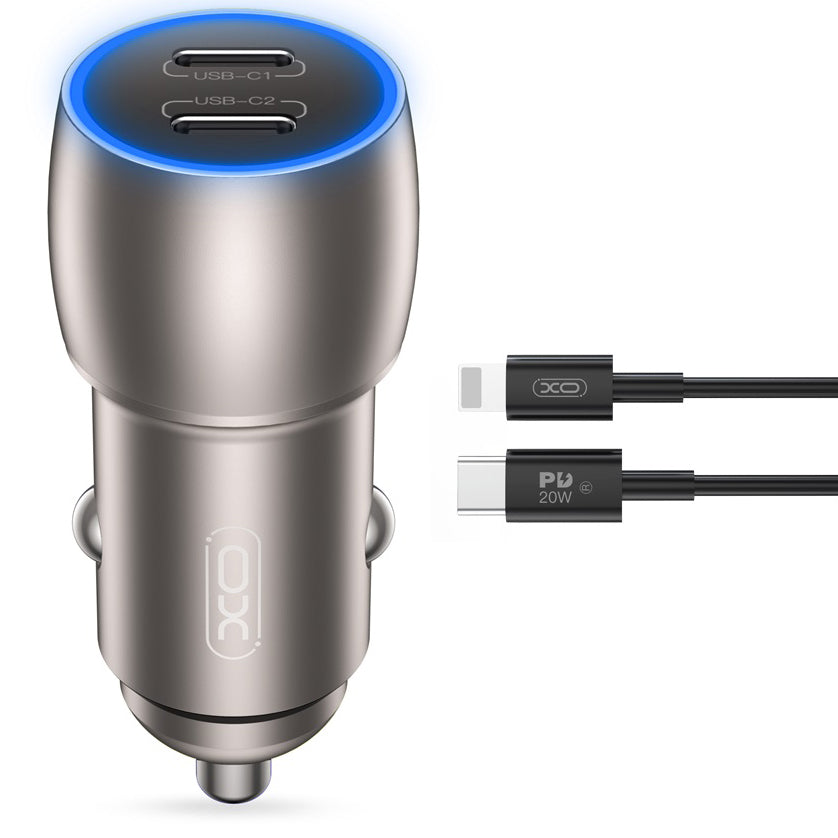 XO Design CC51 Car Charger with Lightning Cable, 40W, 3A, 2 x USB-C, Gray