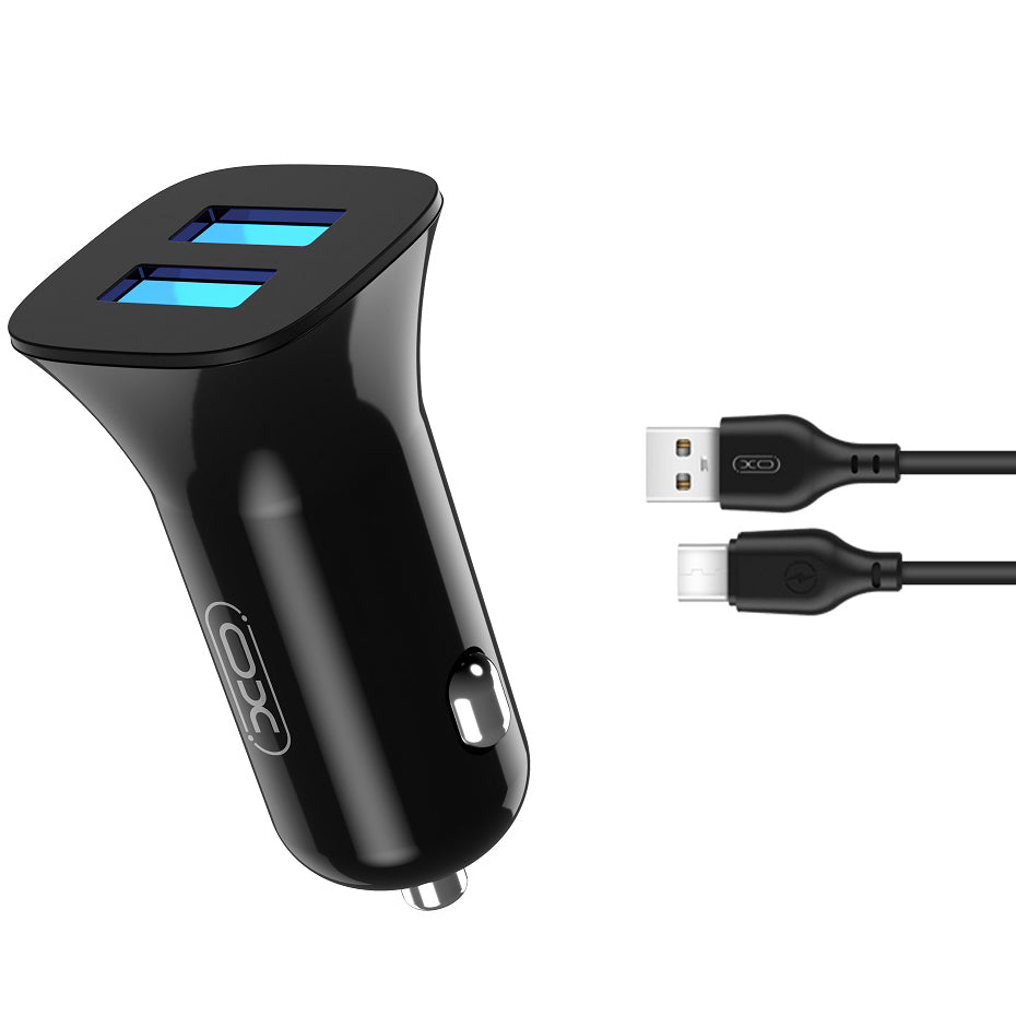 Autolader met USB-C kabel XO Design TZ10, 12W, 2,4A, 2 x USB-A, Zwart 