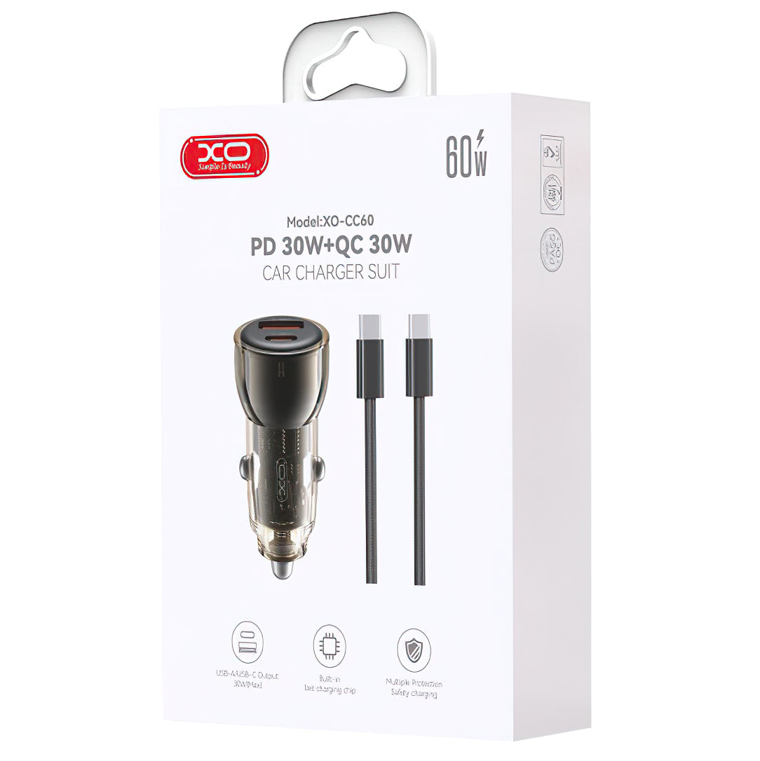 Car Charger with USB-C Cable XO Design CC60, 60W, 3A, 1 x USB-A - 1 x USB-C, Black