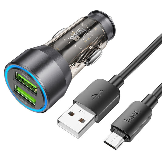 Autolader met microUSB-kabel HOCO NZ12, 36W, 3A, 2 x USB-A, Zwart 