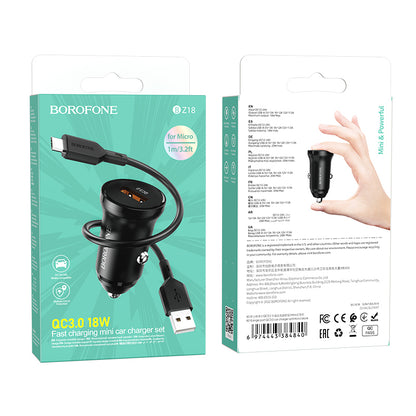 Auto-oplader met microUSB-kabel Borofone BZ18, 18W, 3A, 1 x USB-A, Zwart