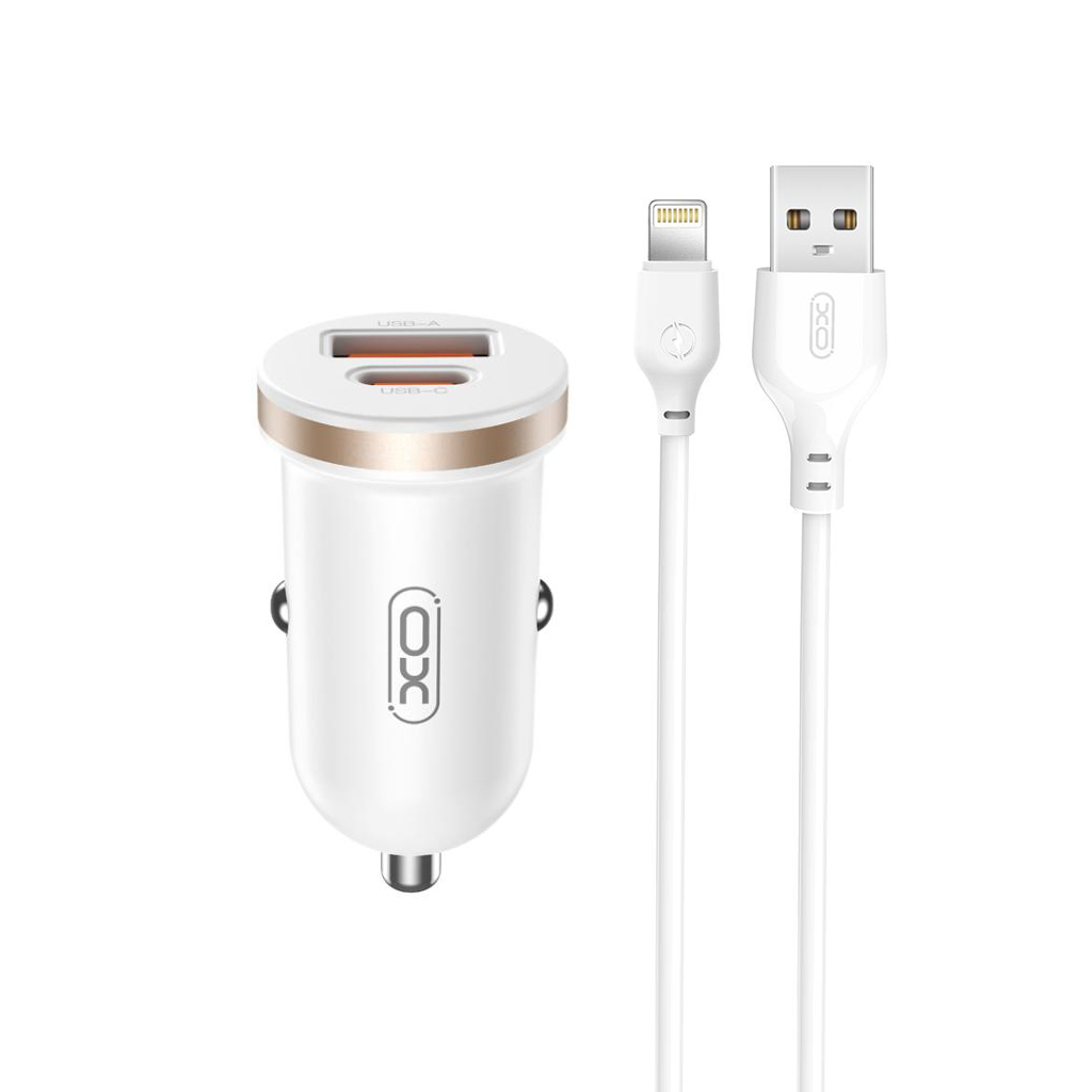 Autolader met Lightning Kabel XO Design CC56, 30W, 3A, 1 x USB-A - 1 x USB-C, Wit