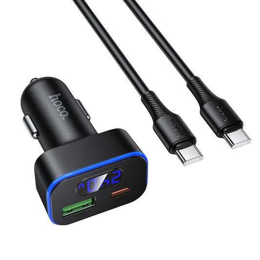 Auto-oplader met USB-C kabel HOCO Z63B Display, 48W, 3A, 1 x USB-A - 1 x USB-C, Zwart