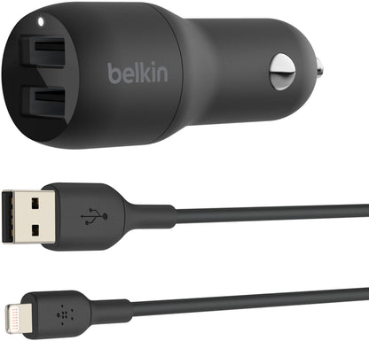 Autolader met Lightning-kabel Belkin BoostCharge Dual, 24W, 2.4A, 2 x USB-A, Zwart CCD001bt1MBK