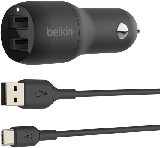 Belkin BoostCharge Dual USB-C Cable Car Charger, 24W, 2.4A, 2 x USB-A, Black CCE001bt1MBK