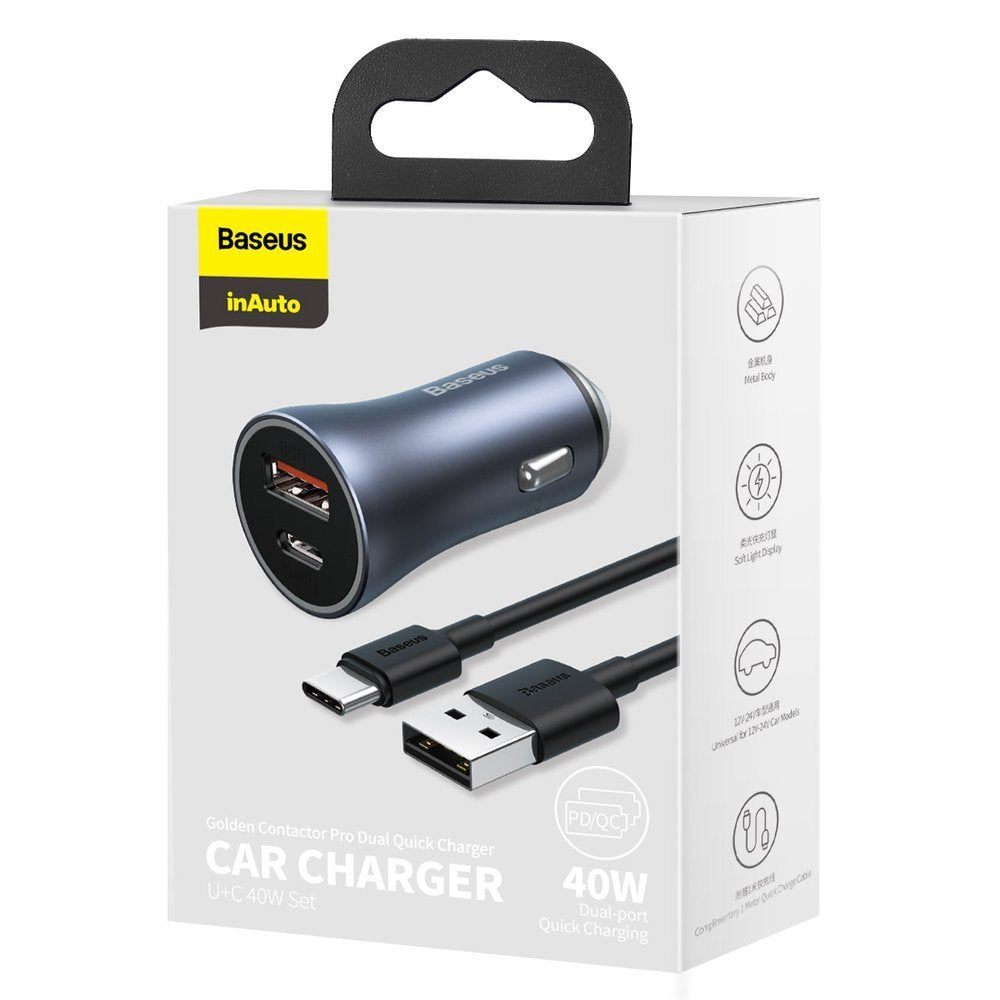 Car Charger With USB-C Cable Baseus Golden Contactor, 40W, 5A, 1 x USB-A - 1 x USB-C, Gray TZCCJD-0G