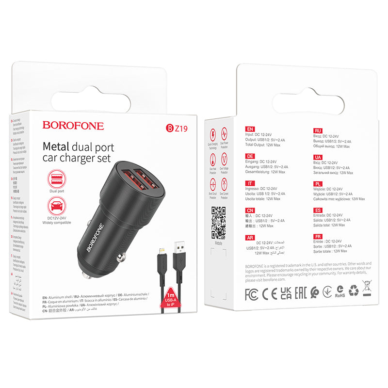 Borofone BZ19 Wisdom Car Charger With Lightning Cable, 12W, 2.4A, 2 x USB-A, Black